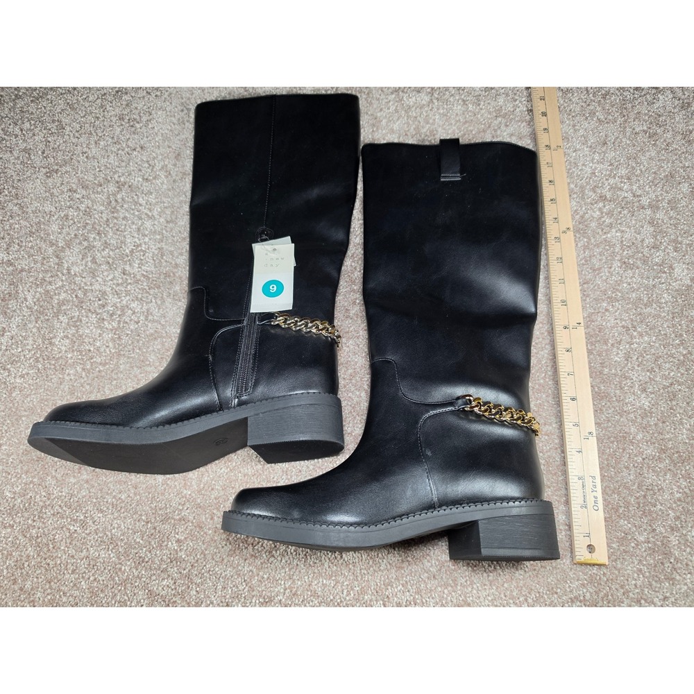 A New Day Bobbi Black Tall Boots Gold Chain Detail Womens 9 NEW